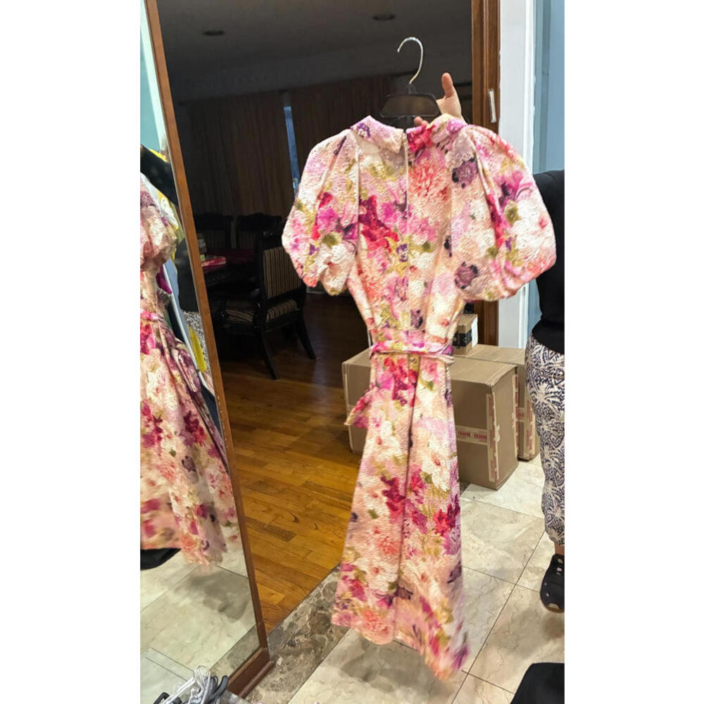 Badgley Mischka Floral Midi Shirt Dress Puff Sleeve Belted Size 4 Lace $650 - Picture 4 of 5